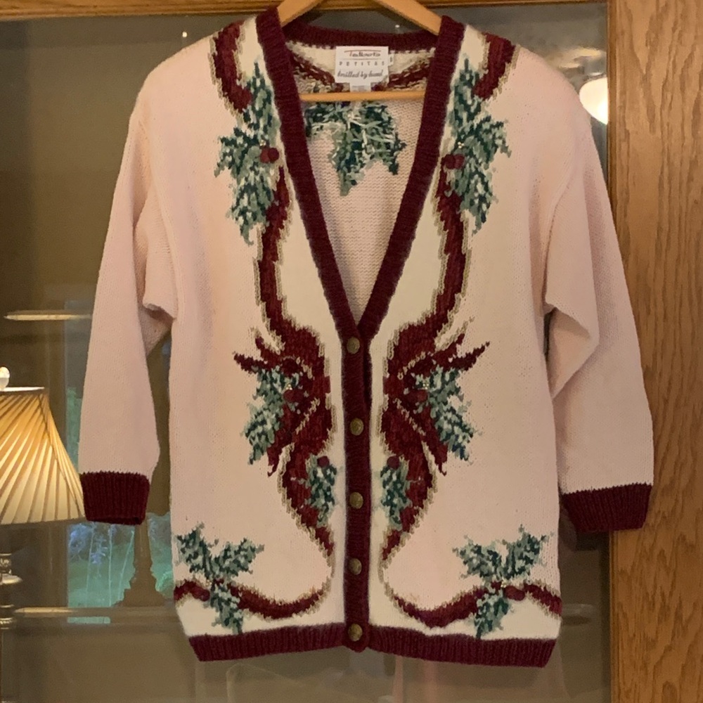 Talbots Burgundy and Cream Floral Cardigan